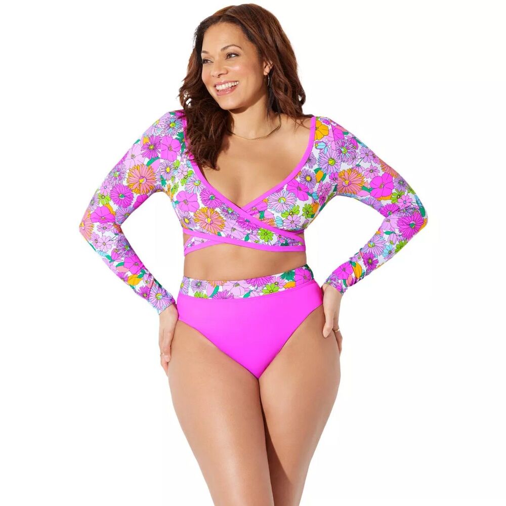 NWT Swimsuits for All Floral Bright Pink Wrap Front Bikini Top & Bottom Set NEW